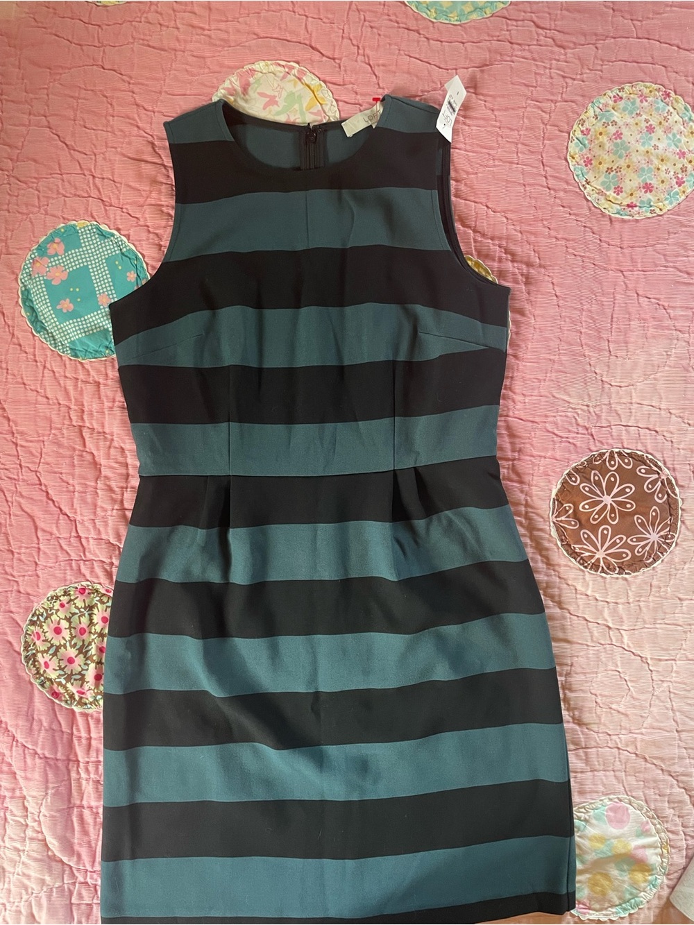 LOFT Teal and Black Striped Sleeveless Midi Dress